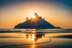 the sun rises over a mountain in the ocean. AI-Generated photo