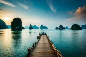 el de madera puente en halong bahía. generado por ai foto