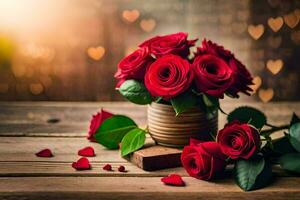 red roses in a vase on a wooden table with hearts. AI-Generated photo