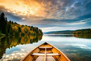 a canoe is floating on the calm waters of a lake. AI-Generated photo