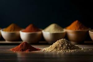 various spices in bowls on a table. AI-Generated photo