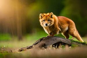 a red fox standing on a log in the middle of a forest. AI-Generated photo