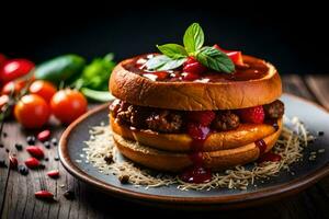 a hamburger with sauce and tomatoes on a plate. AI-Generated photo