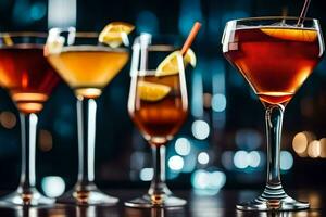 five different types of alcoholic drinks on a bar. AI-Generated photo