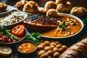 el comida es servido en un de madera mesa. generado por ai foto