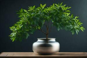 a small potted plant in a metal vase on a table. AI-Generated photo