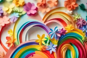 a colorful paper art piece with flowers and hearts. AI-Generated photo