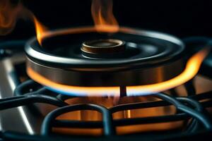 a close up of a gas stove with flames. AI-Generated photo