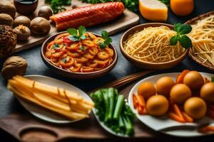 varios tipos de comida incluso pasta, vegetales y carne. generado por ai foto