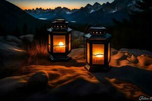 two lanterns on a mountain at sunset. AI-Generated photo