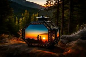 a lantern with a sunset in the background. AI-Generated photo