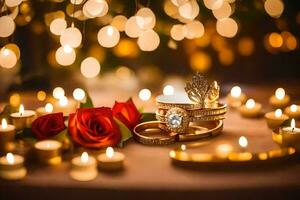 a ring, a diamond and a rose are on a table with candles. AI-Generated photo