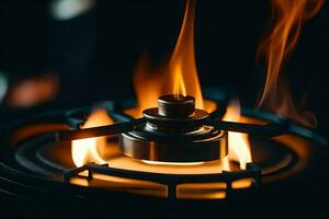 a close up of a gas stove with flames. AI-Generated photo