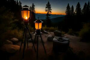 two lanterns on a tripod in the middle of a forest. AI-Generated photo