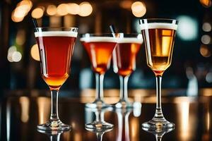 four glasses of different alcoholic drinks on a bar. AI-Generated photo