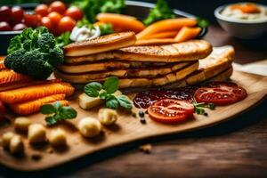 a wooden cutting board with sandwiches, vegetables and other foods. AI-Generated photo