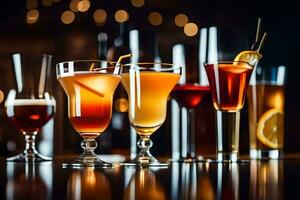 a group of different alcoholic drinks on a bar. AI-Generated photo