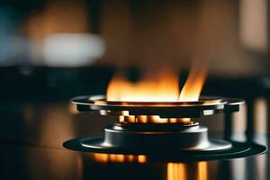 a close up of a gas stove with flames. AI-Generated photo