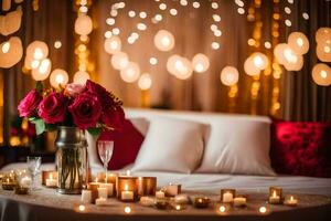 un cama con velas y flores en frente de un blanco mesa. generado por ai foto