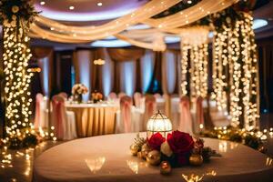 a wedding reception with lights and decorations. AI-Generated photo