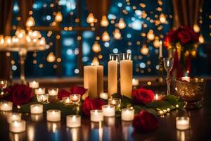 candles and roses on a table with candles. AI-Generated photo