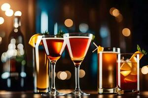 three different types of alcoholic drinks on a table. AI-Generated photo