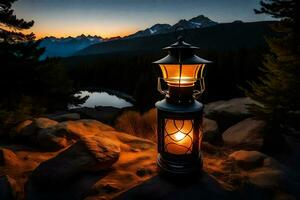 a lantern lit up on a rocky hillside at sunset. AI-Generated photo