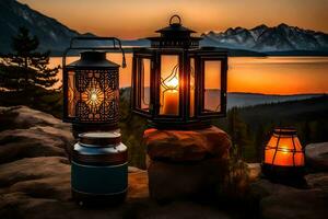 lanterns on a rock with a mountain in the background. AI-Generated photo