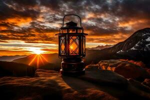 un linterna es iluminado en parte superior de un montaña a puesta de sol. generado por ai foto
