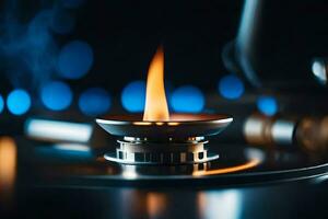 a burning candle on a table. AI-Generated photo