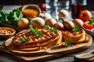 grilled waffles on a wooden cutting board with eggs, tomatoes and other ingredients. AI-Generated photo