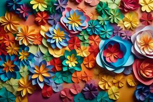 colorful paper flowers on a wall. AI-Generated photo