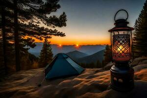 a lantern and a tent sit on top of a mountain at sunset. AI-Generated photo