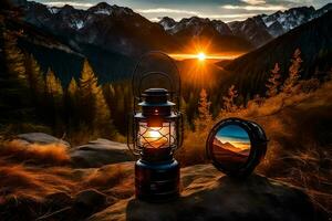 a lantern and a mirror are on top of a mountain. AI-Generated photo