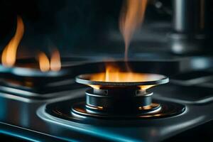 a close up of a gas stove with flames. AI-Generated photo