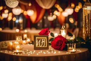un mesa con velas y un rojo Rosa. generado por ai foto