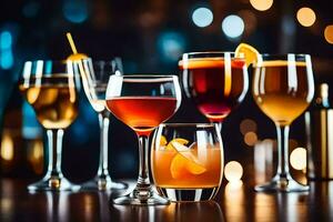 a group of different alcoholic drinks on a bar. AI-Generated photo