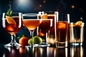 a group of different alcoholic drinks on a dark background. AI-Generated photo