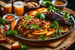 a plate of food with vegetables, meat and waffles. AI-Generated photo