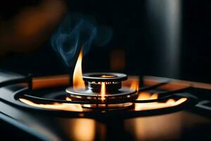 a close up of a gas stove with flames. AI-Generated photo