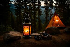 a lantern and tent in the woods at night. AI-Generated photo