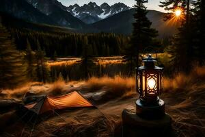 the lantern is lit in the middle of the forest. AI-Generated photo