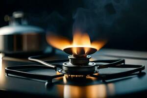 a gas stove with a flame on it. AI-Generated photo