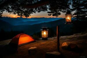 a tent and lanterns are set up on a hillside at sunset. AI-Generated photo