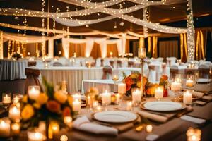 un Boda recepción con velas y blanco ropa de cama generado por ai foto