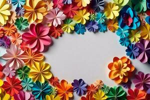 colorful paper flowers arranged in a circle on a white background. AI-Generated photo