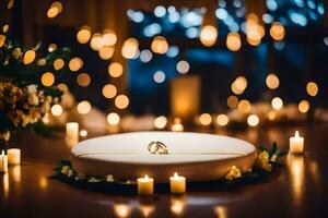 wedding rings on a table surrounded by candles. AI-Generated photo