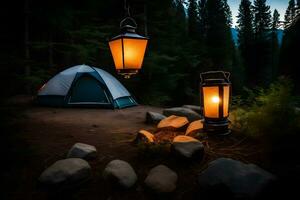 a tent and lantern in the woods at night. AI-Generated photo