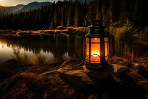 a lantern is lit by the sun in front of a lake. AI-Generated photo