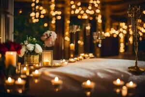 velas y flores son arreglado en un mesa. generado por ai foto